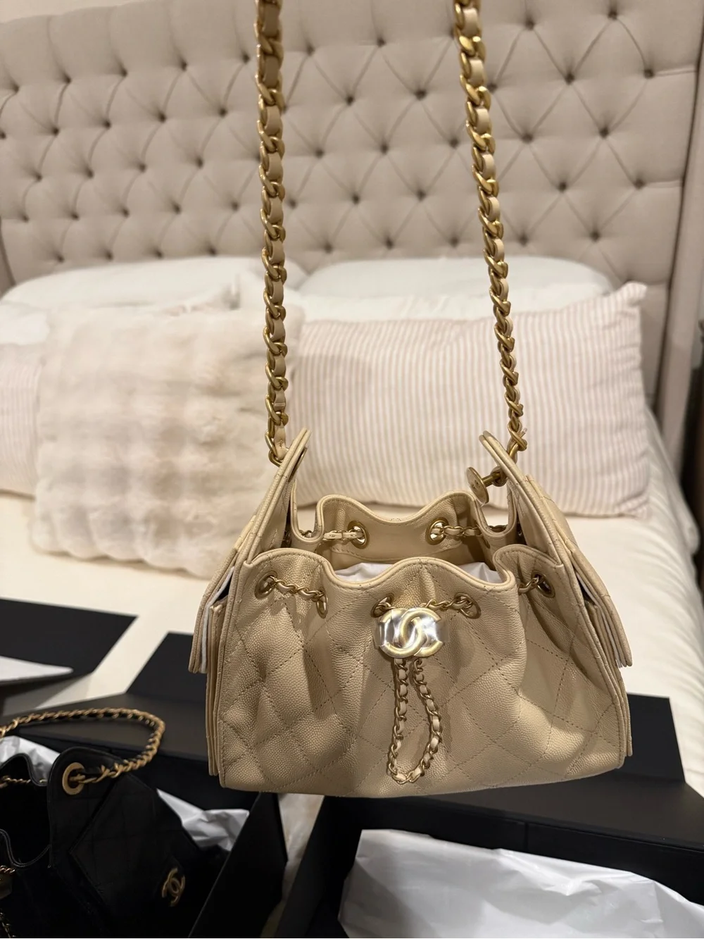 New Full Set CHANEL 25 Caviar Beige Quilted  Bag with Gold CC Hardware